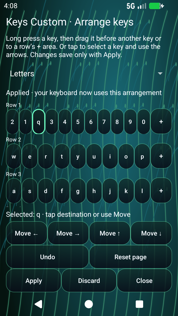 Actual Keys Custom editor showing the q key moved into the first row, with Move, Undo, Reset, Apply and Discard controls