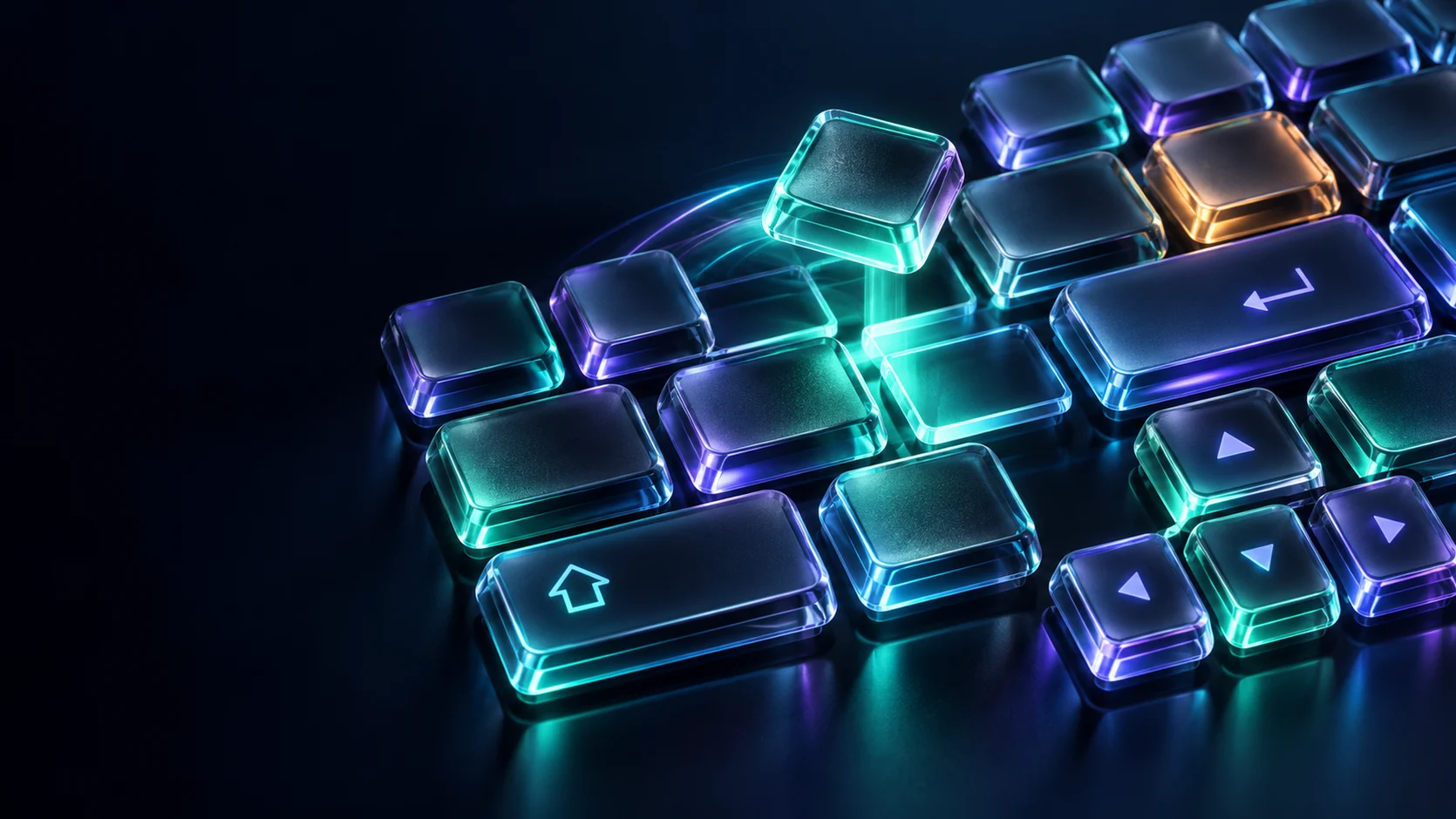 Original neon-glass artwork showing a keyboard key lifting and moving between rows